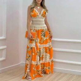 Pomarańczowa sukienka z koronkową talią