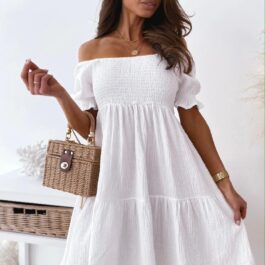 Krótka marszczona sukienka z bufkami White